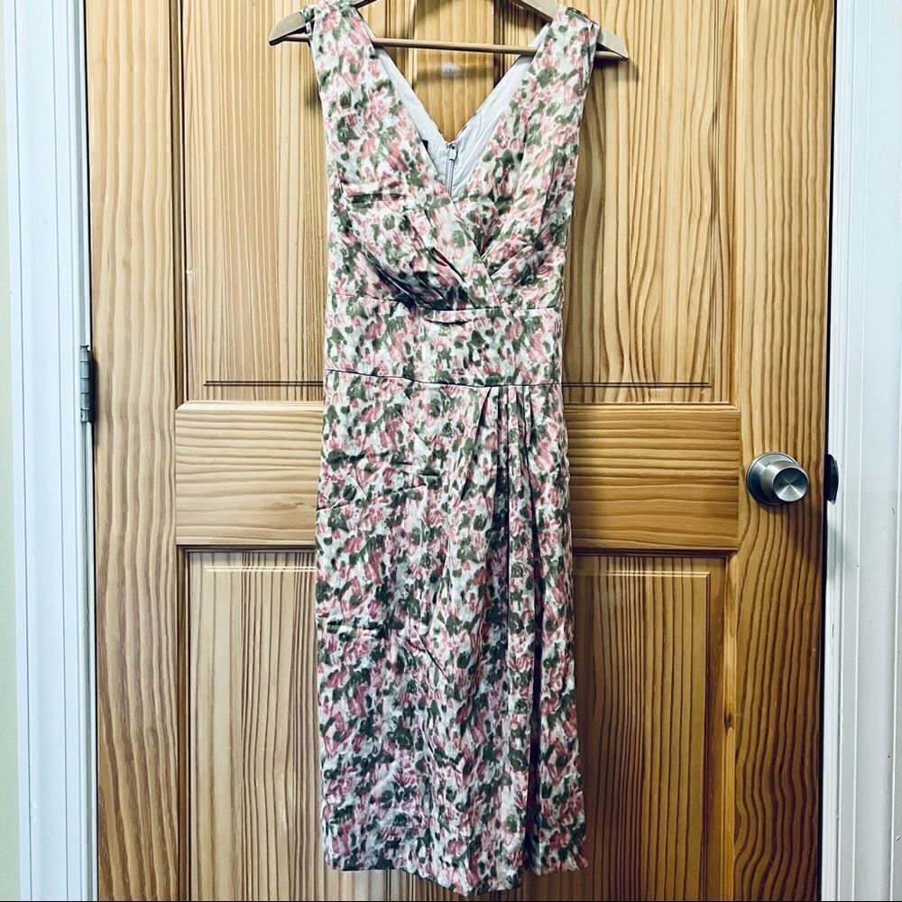 Talbots pink green white sleeveless cross bodice retro style midi dress 16